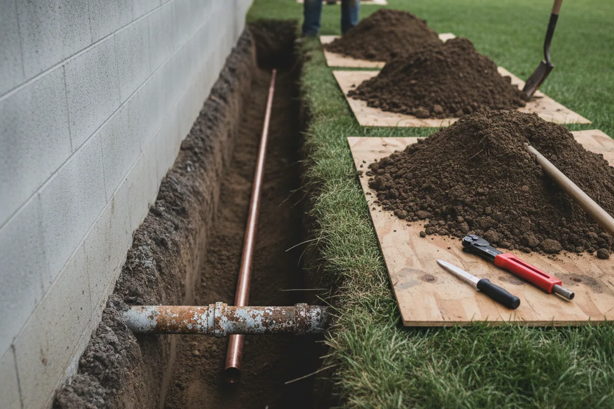 Excavated water line trench during Water Softener Installation in West Sunbury
